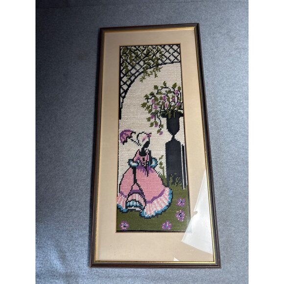 Vintage Framed Needlepoint Art of Victorian Lady 9.5" x 20" 1950s - Picture 10 of 10